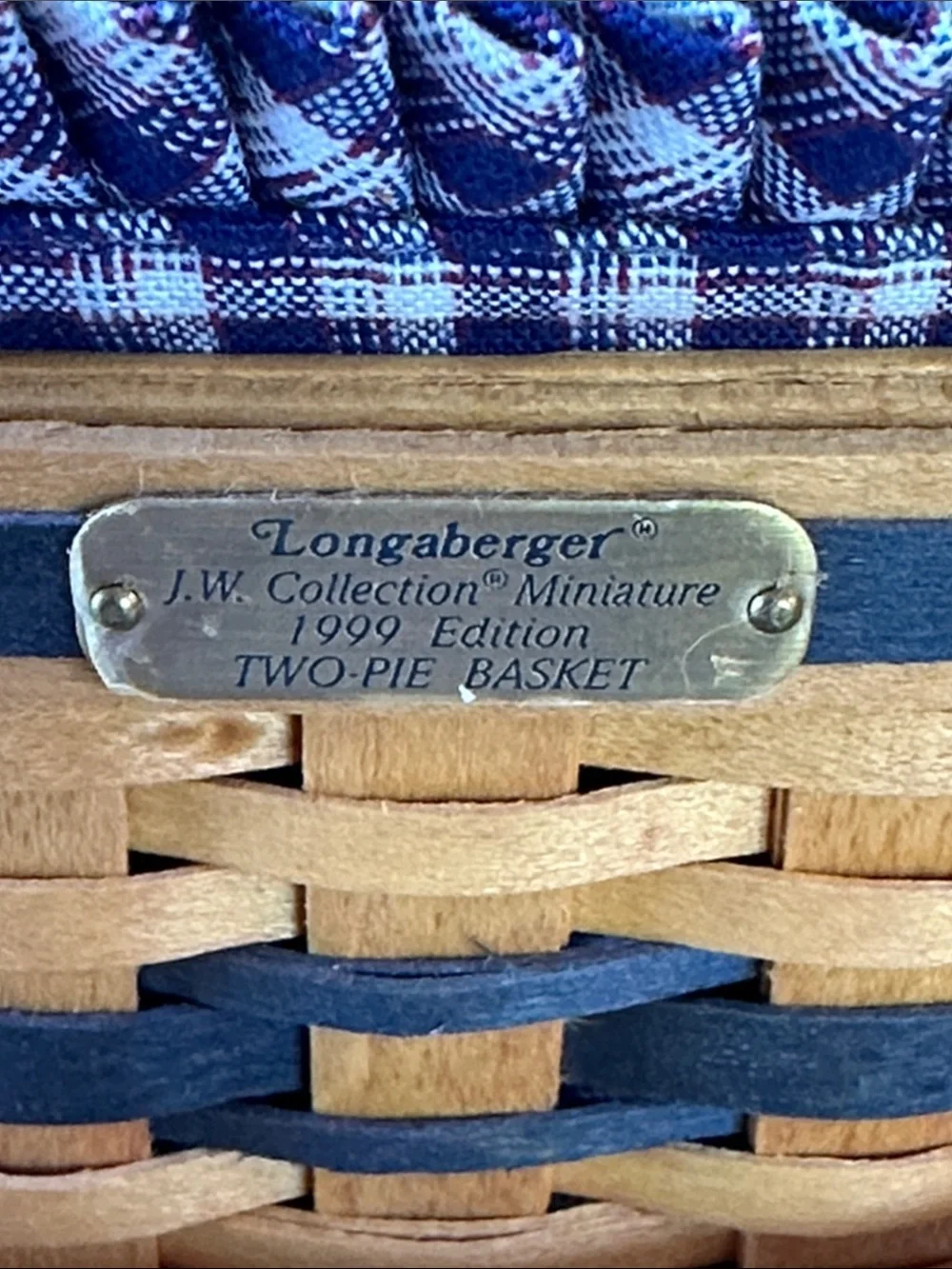 Longaberger Basket with Blue Plaid Liner 25th Anniversary Mini 2 Pie Basket